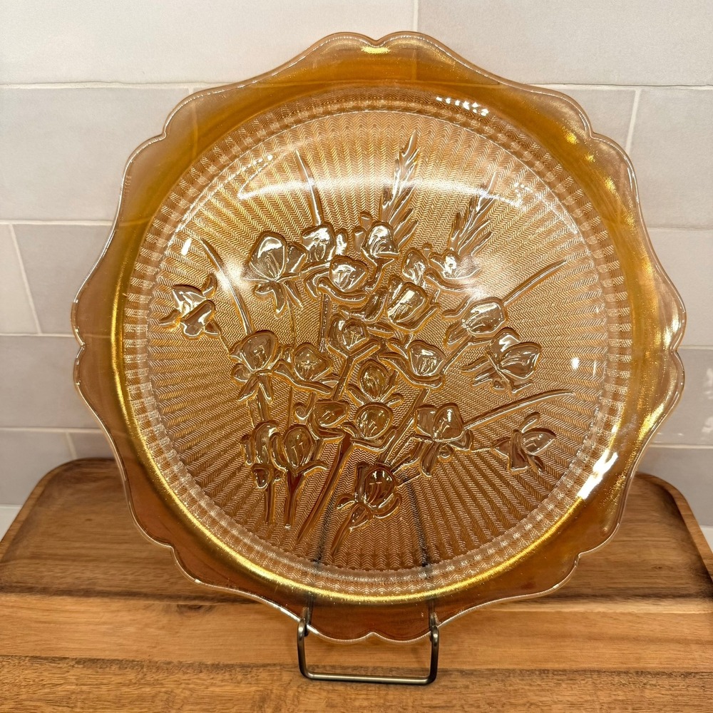 Vintage Marigold Carnival Glass Iris and Herringbone Scalloped Platter 12 Inch